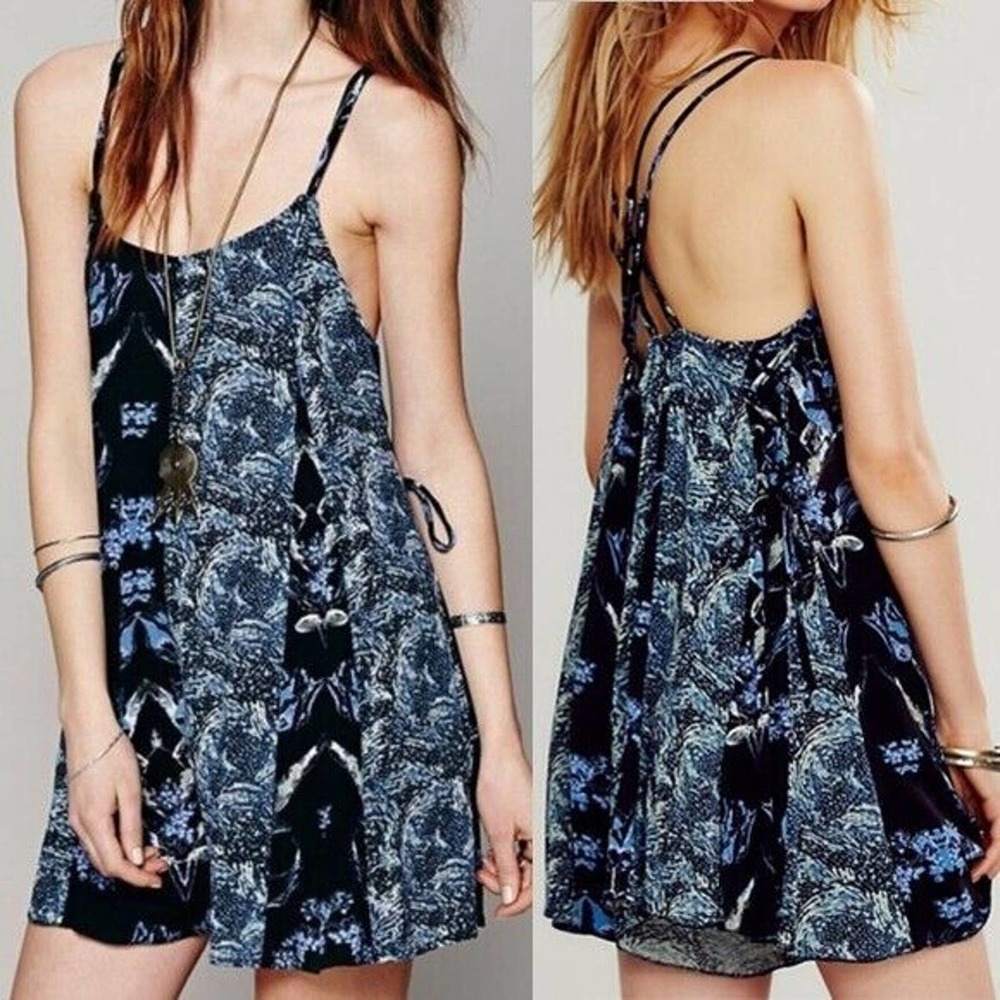 Free People Blue Black Printed Strappy Romper